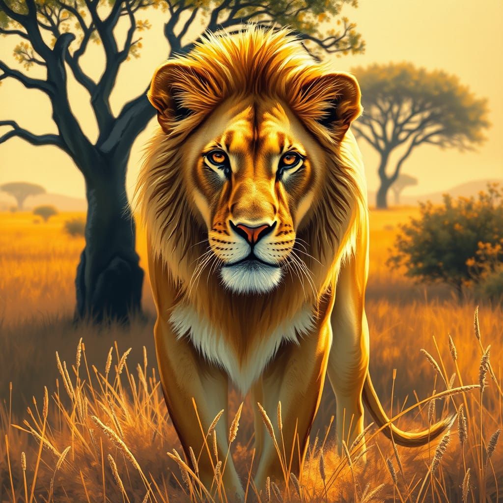 Regal Lioness in a Dreamy Savannah Landscape
