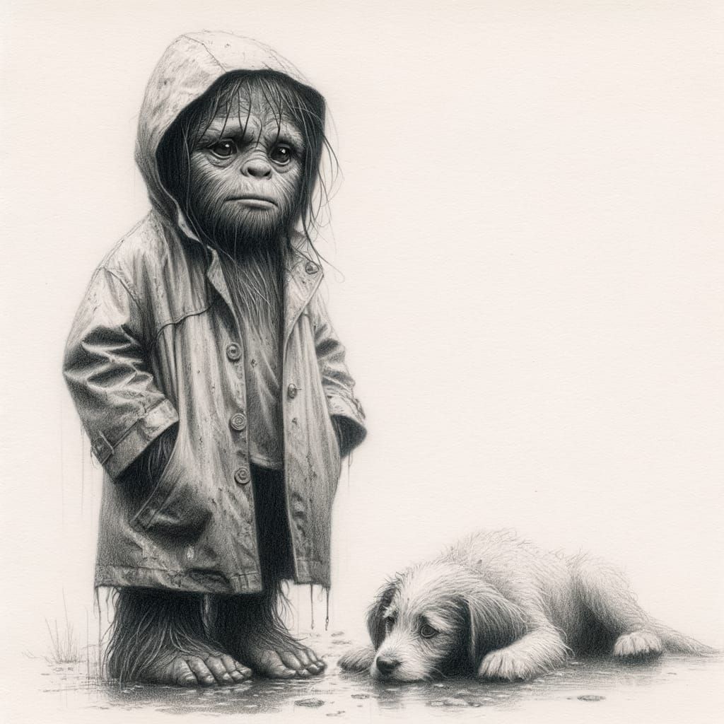 The child Sasquatch and a stray dog  by @Gettafix