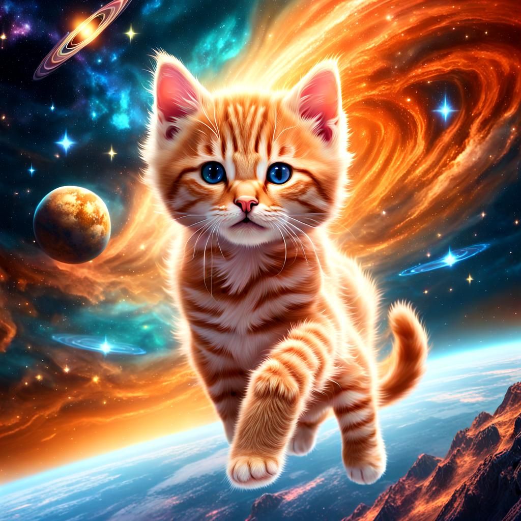 Orange Kitten Soaring Through a Fantasy Galaxy