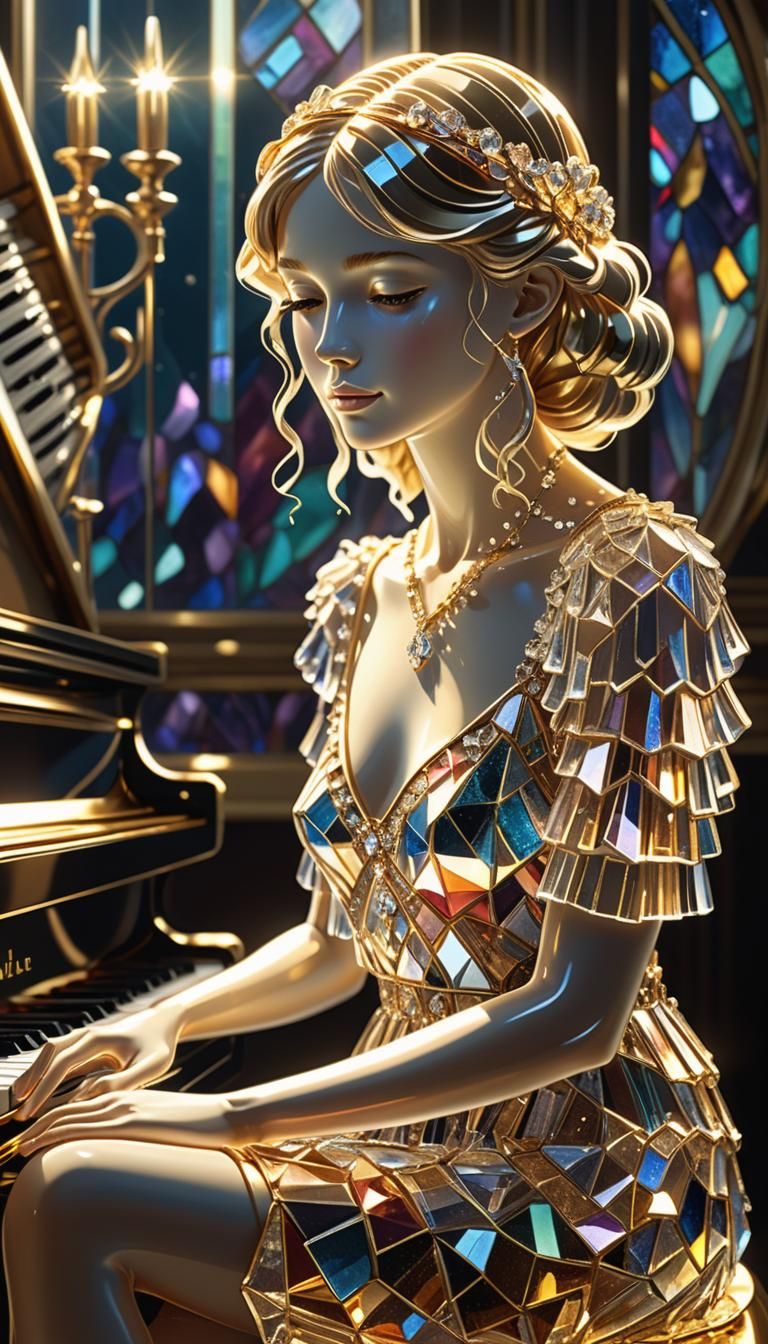 A crystal statue of a girl sitting on a bench in front of a piano.