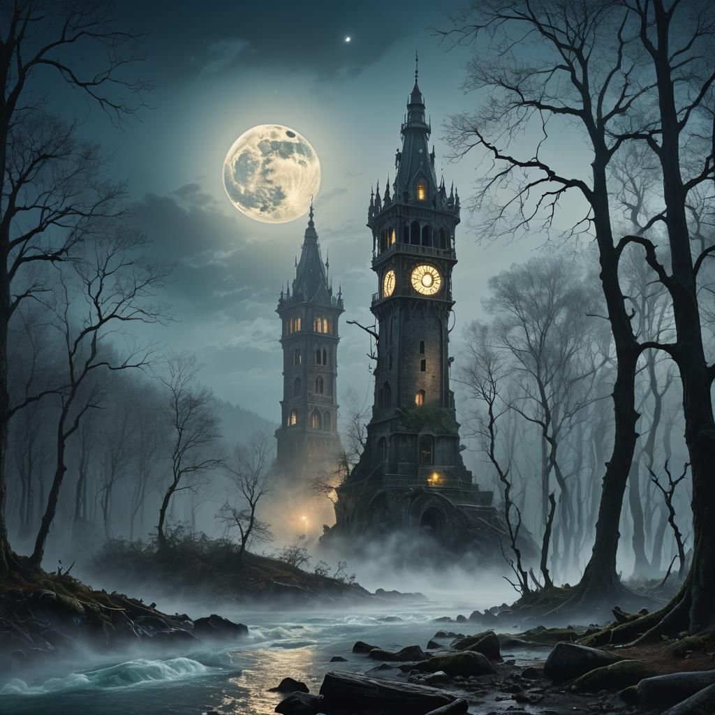A European-style tower by the river.