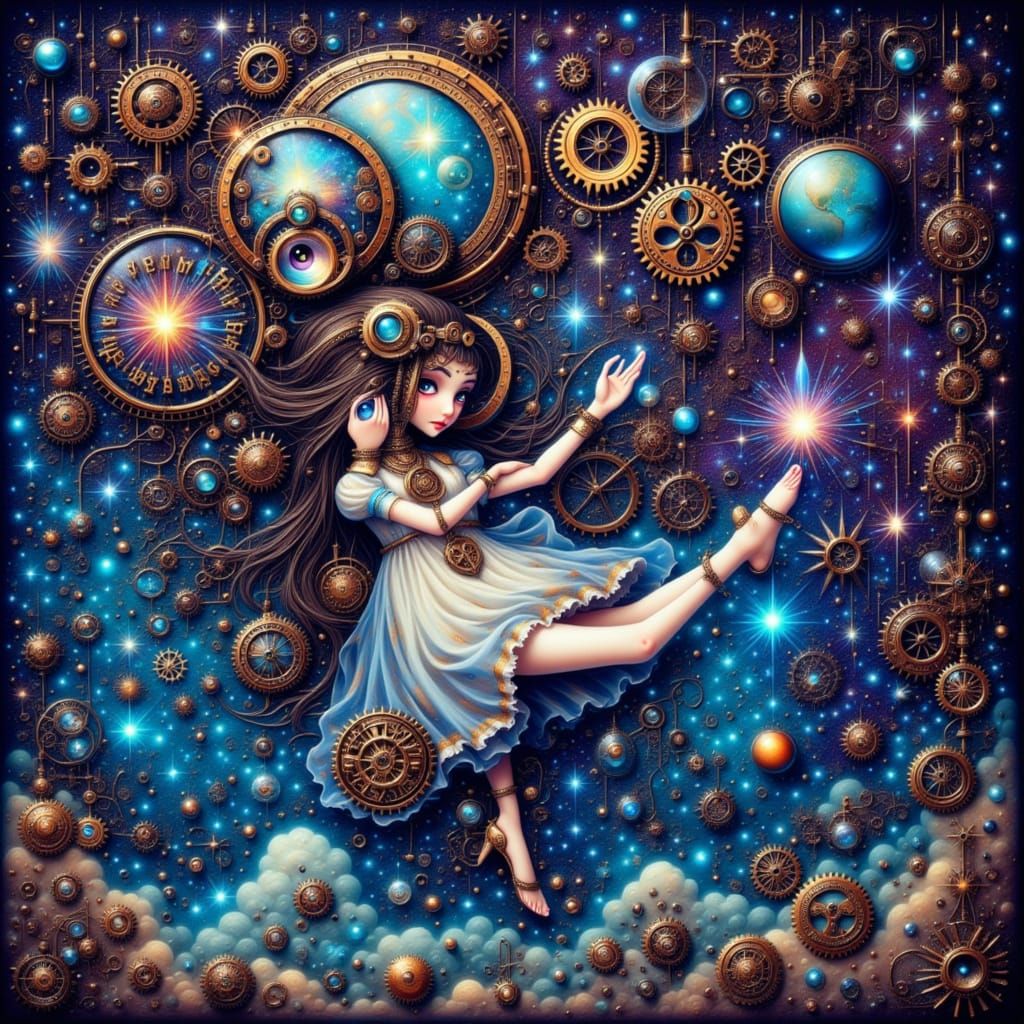 <lora:Steampunk and more:1.0>Alice in Wonderland- surreal atmosphere goggles and mechanical gears - a starry Nightsky with millions of light...