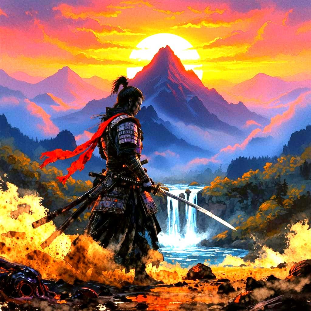 Forest Waterfall Landscape with Blooming Flowers and Sunset