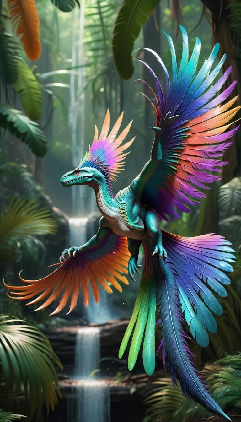 Feathered dinosaur. Iridescent feathers, long tail. A master...