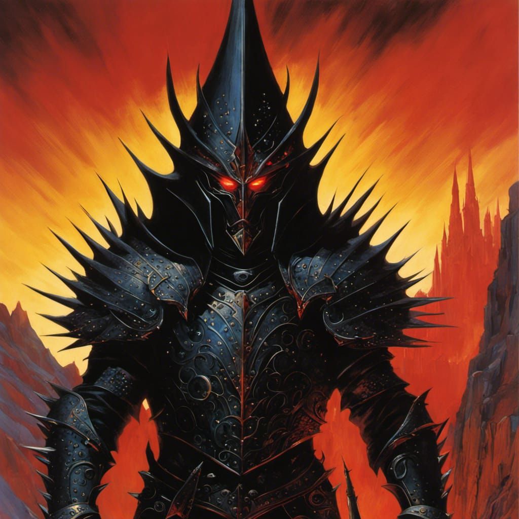 Sauron in black spiked armour, red glowing eyes, , by Richard Michael ...