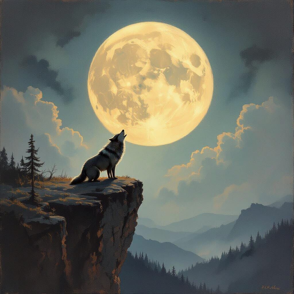 Lone Wolf Howling at Moonlit Cliff in Romantic Style