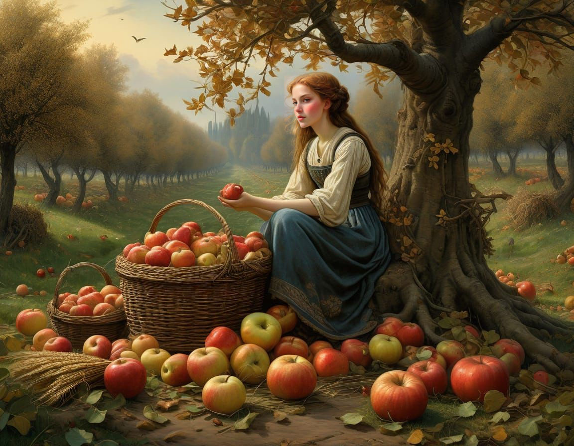 A beautiful autumn apple harvest in a detailed wicker baskets,  baskets full of apples, pumpkins,  wheat, ...  by @AutumnBear