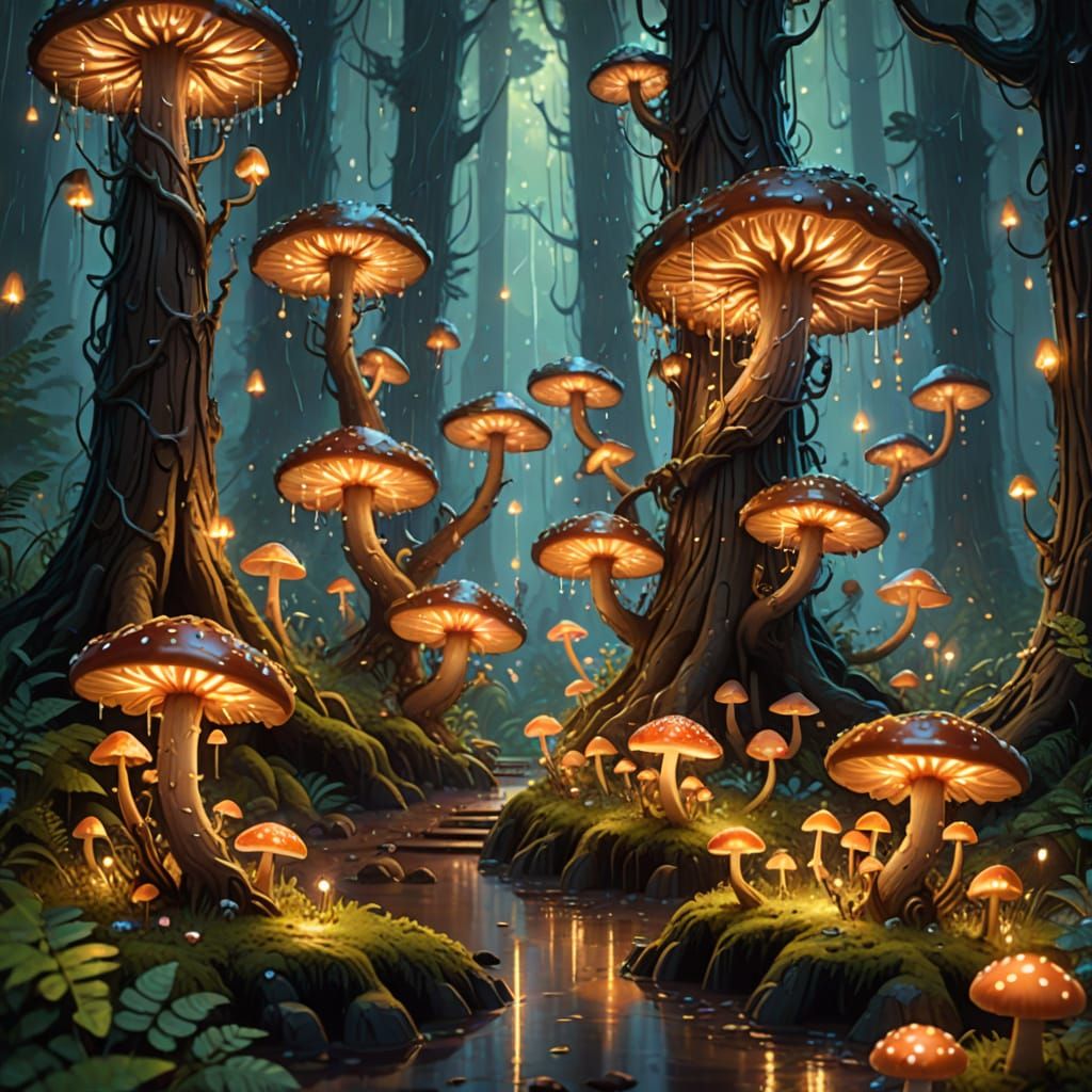 Digital painting. A swarm of tiny pixies with glowing wings illuminates a misty redwood forest during a summer rain, filled with glowing mus...
