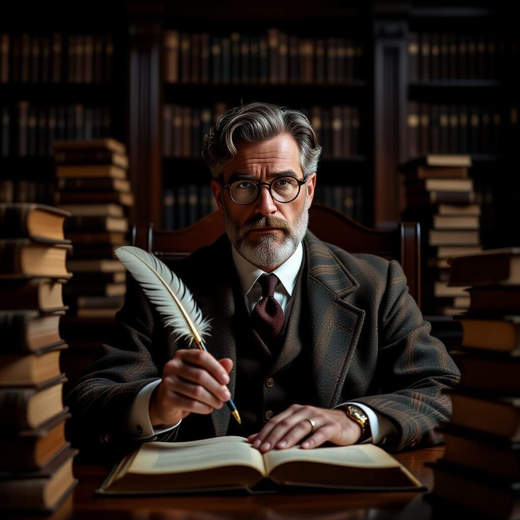 A young, bespectacled professor, with a quill pen clutched in his hand, is surrounded by towering stacks of ancient tomes in a dimly lit, wo...