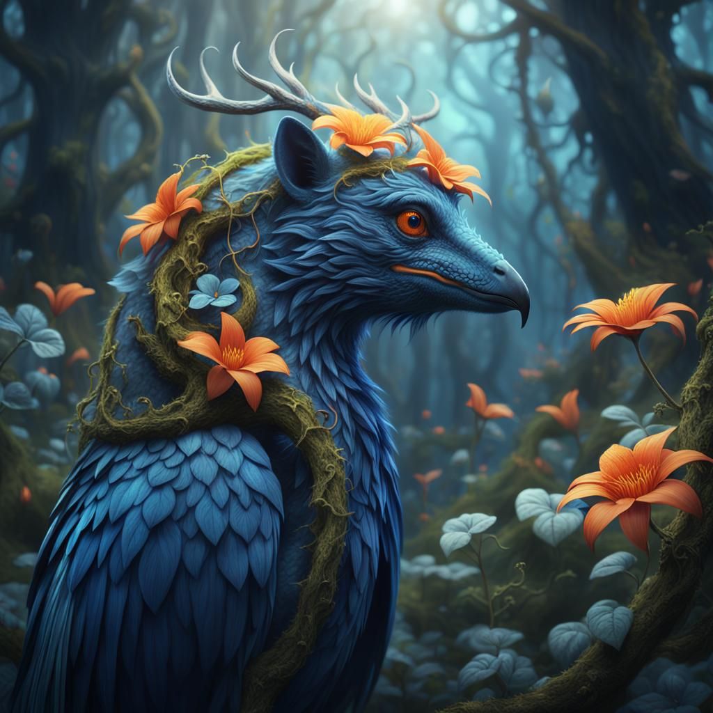 Enchanted Forest Creature with Vines and Flowers