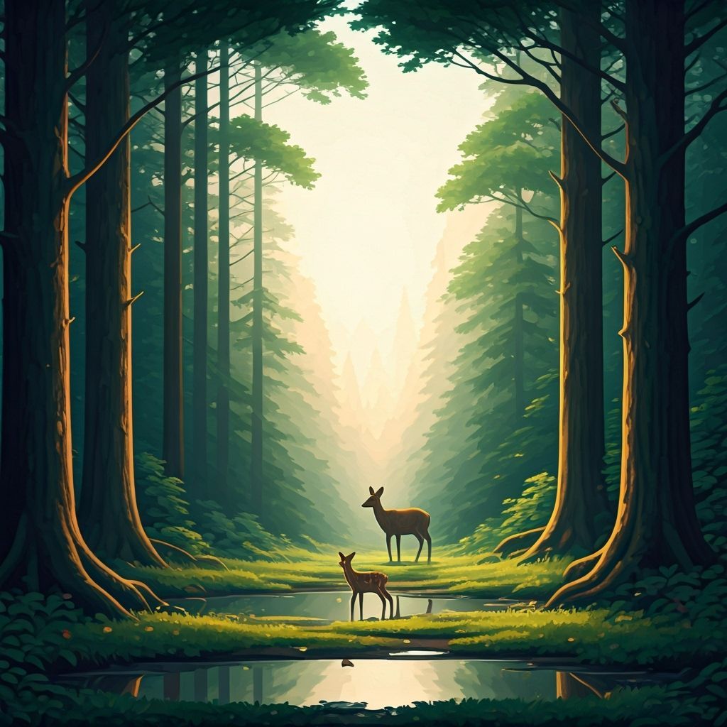 Mystical Forest Scene with Deer in Watercolor Style
