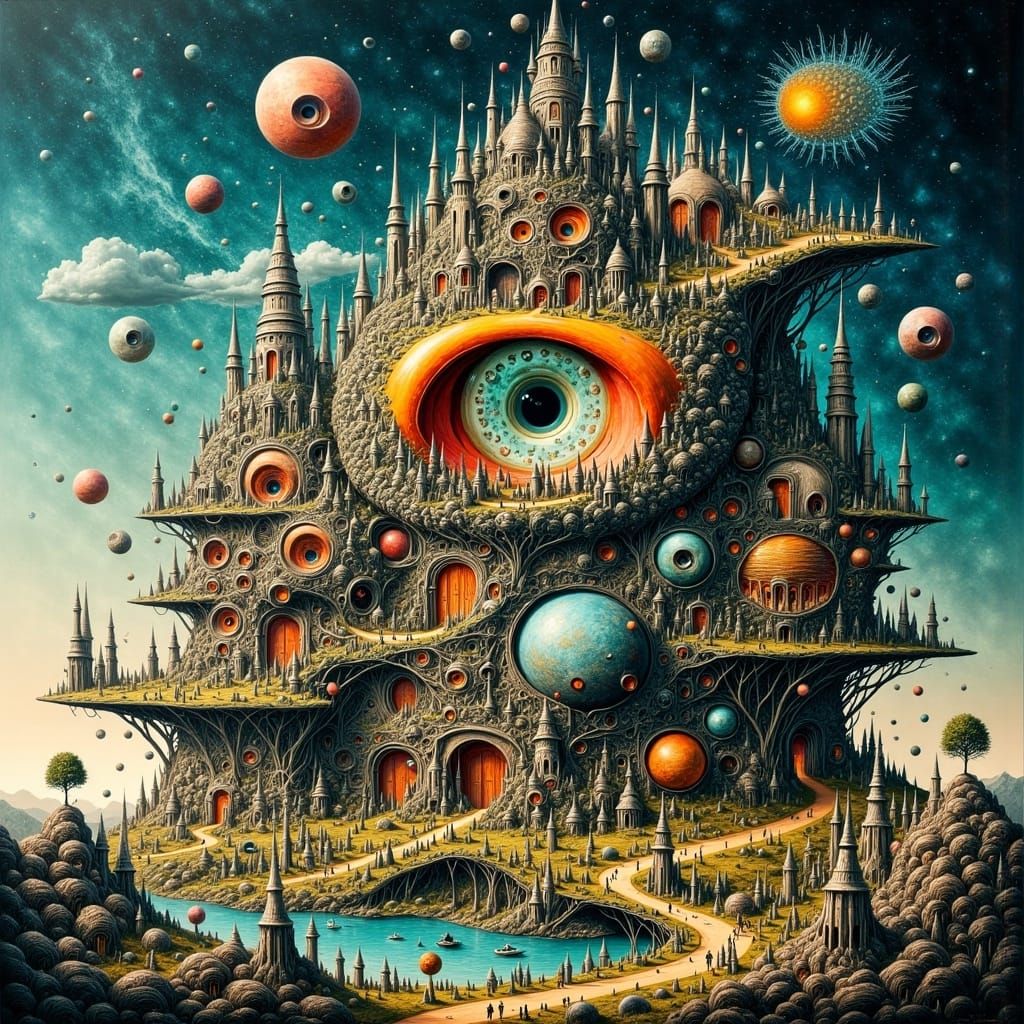 <lora:Abstract Reality:1.0> surreal abstract psychedelic lowbrow house with spacemen :: by Gediminas Pranckevicius by Yerka