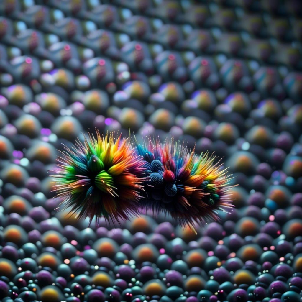 <lora:1TI-E:1.0> fluffy multicolor caterpillar floating in black liquid, shot on Hasselblad H6D-400c Multi-shot, Mitakon Speedmaster 300mm f...