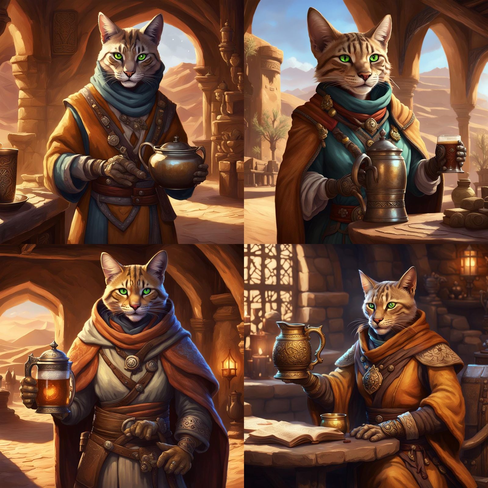 Female Tabaxi desert explorer and scholar hold a tankard in a sandstone ...