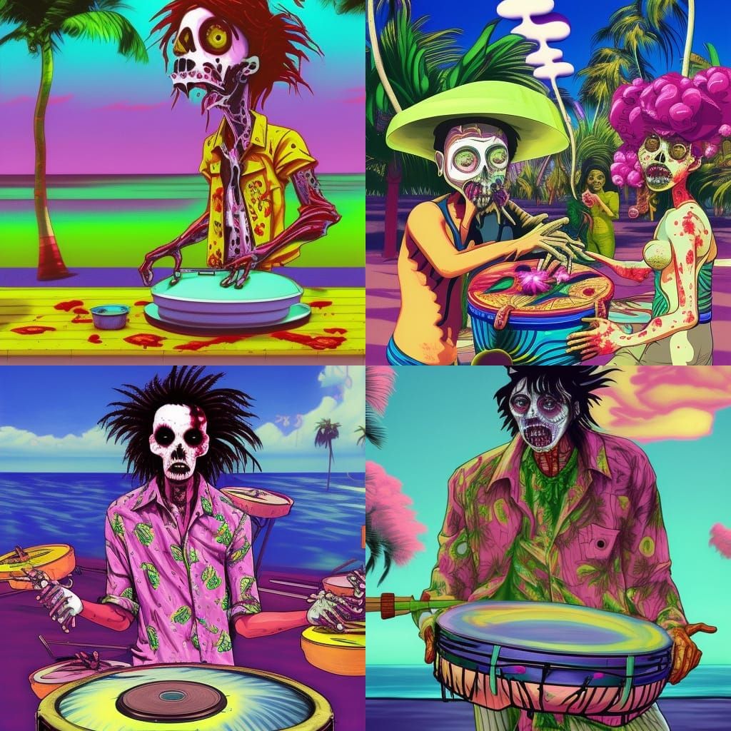 Zombies playing steel pan drums by the sea AI Generated Artwork