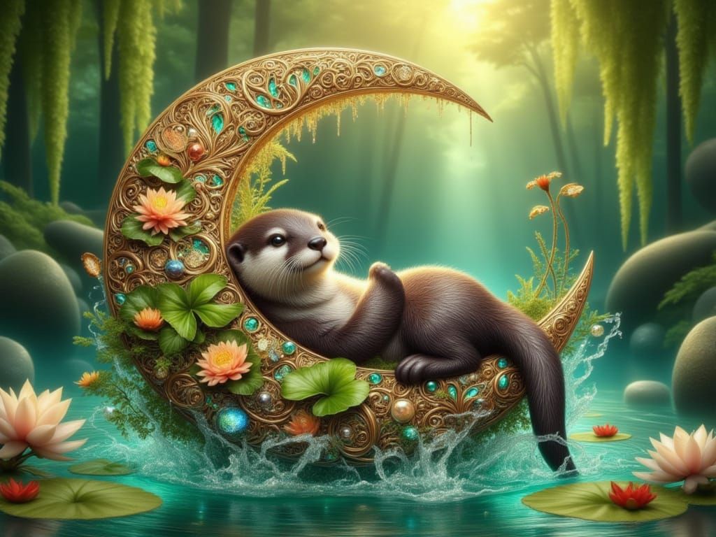 <lora:FiosFiligreeMoons:1.0> Cute Otter relaxing in a Crescent moon