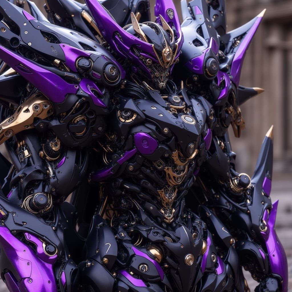 <lora:Mecha Ominous:1.0> Black purple Mecha closeup, side view