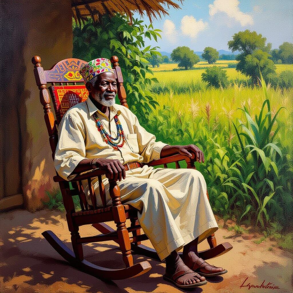 Zambian grandfather in an African style rocking chair at at a farm   by @TheM