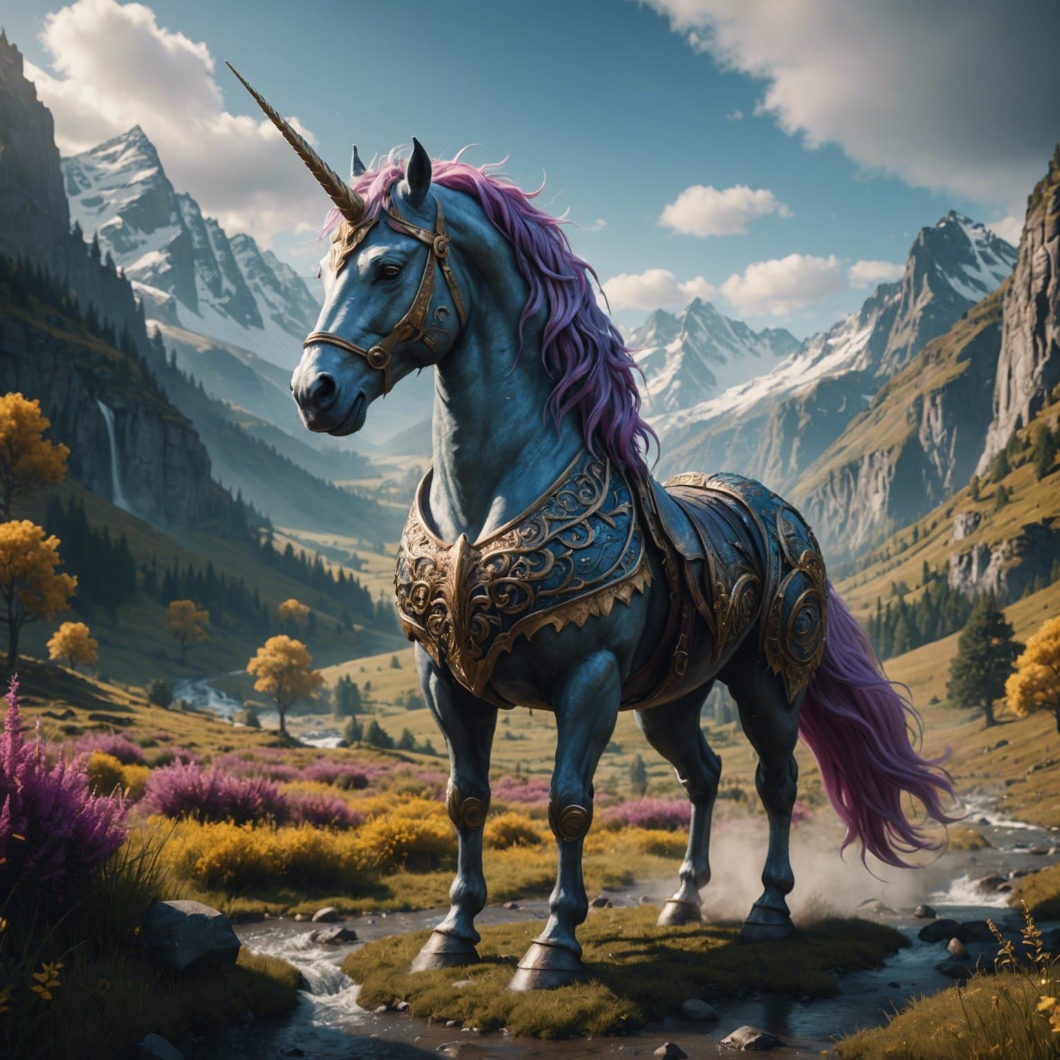 strong unicorn standing in the valley
