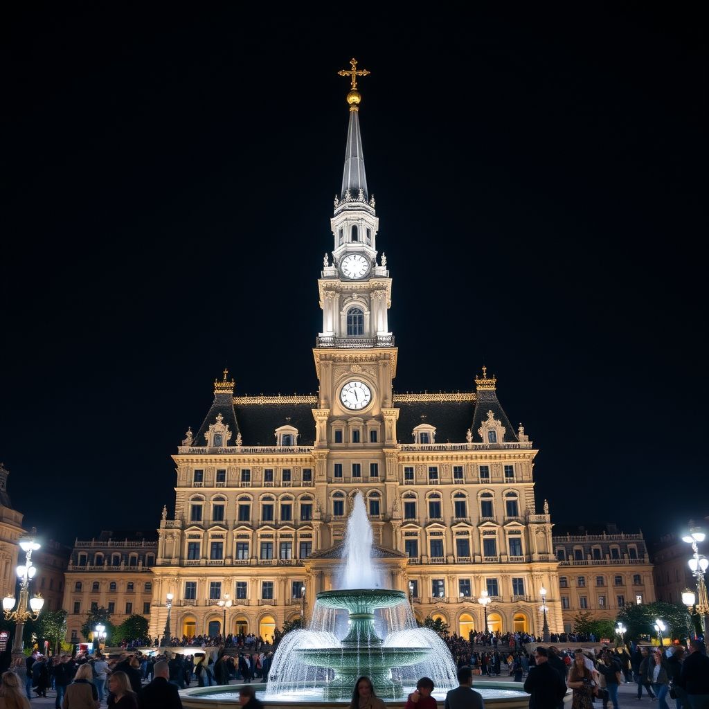 A night view of a large, ornate building