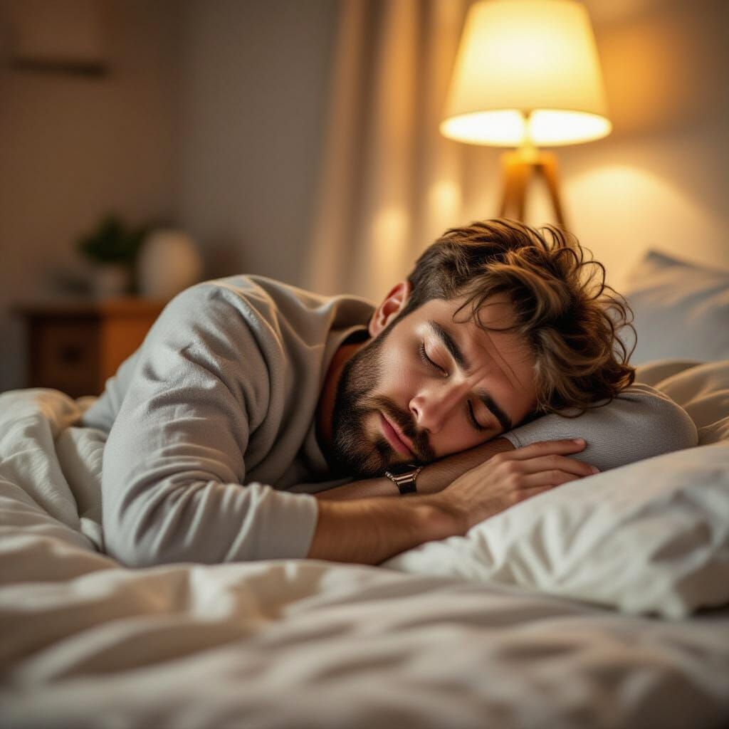 Man Falling Asleep on Table in Warm Lighting
