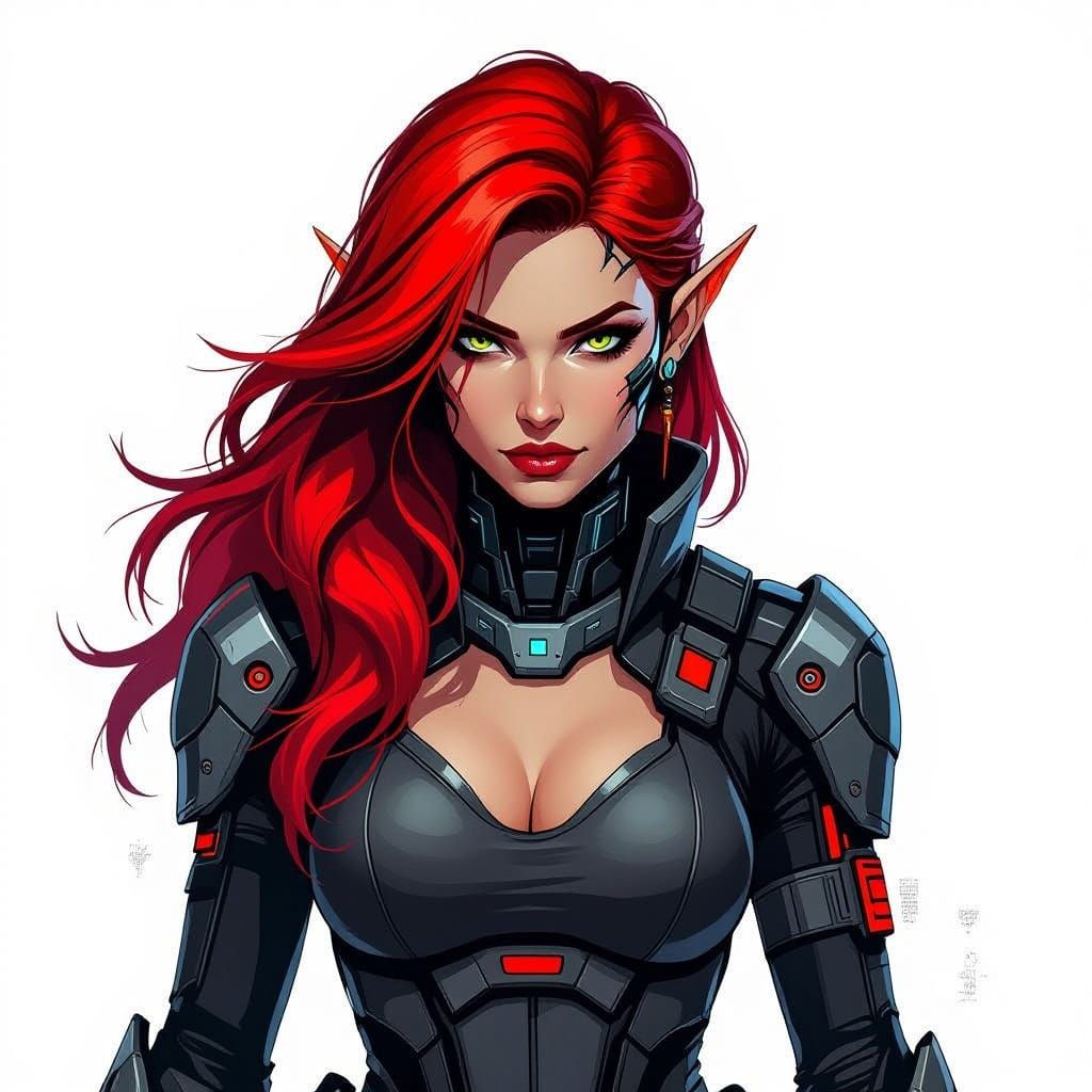 shadowrunner elf female red hair from above as a map token
