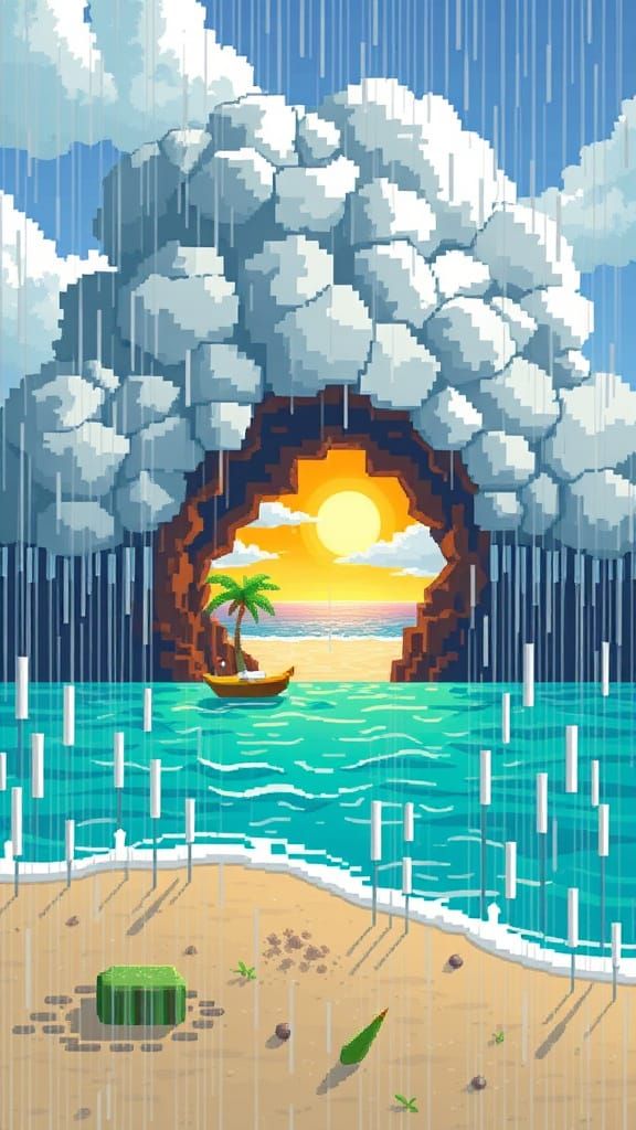 Pixelated Rain Cloud Reveals Beach Landscape