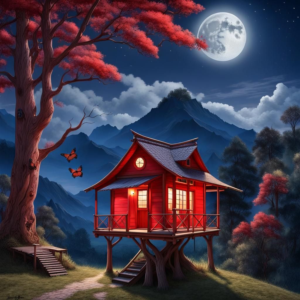 Night, moonlight, butterfly, mountain, red cloud, wooden hou...