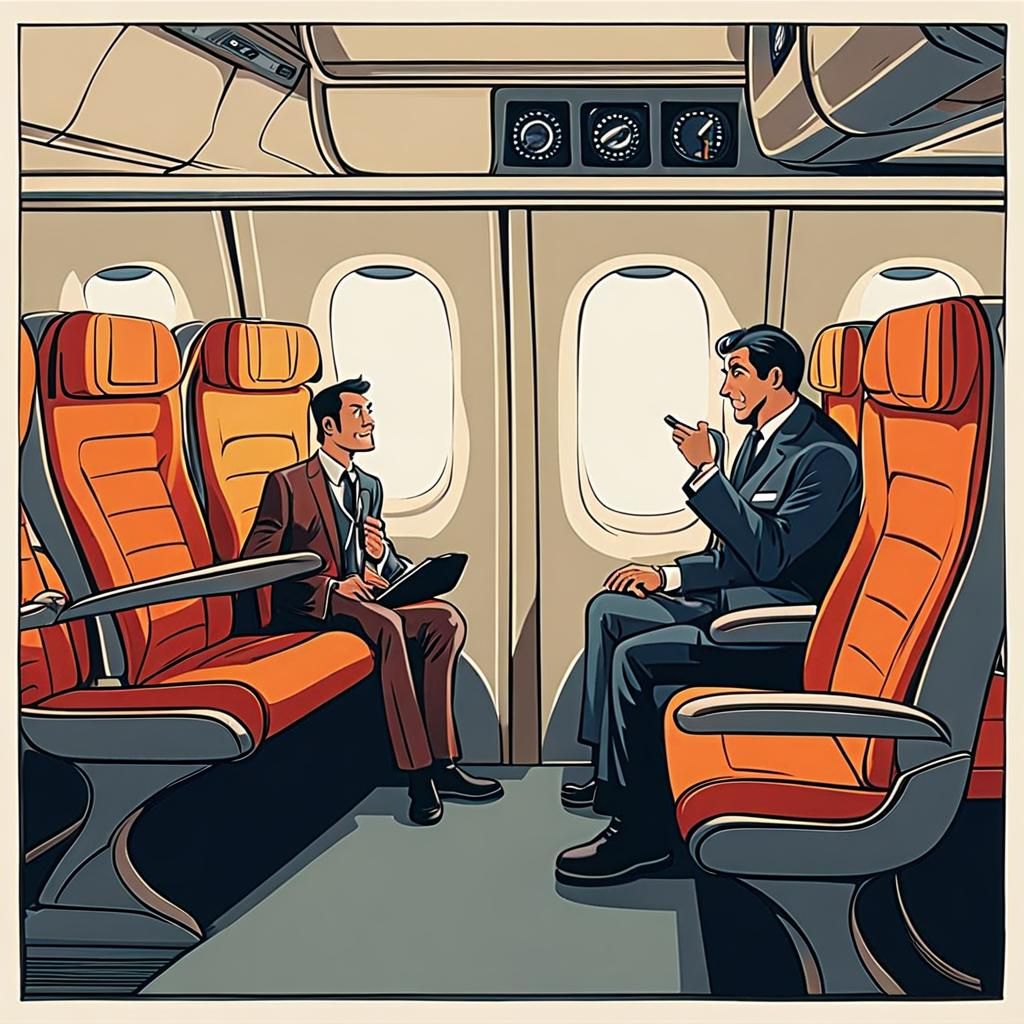 Talking with a stranger man sit in seat in a plane