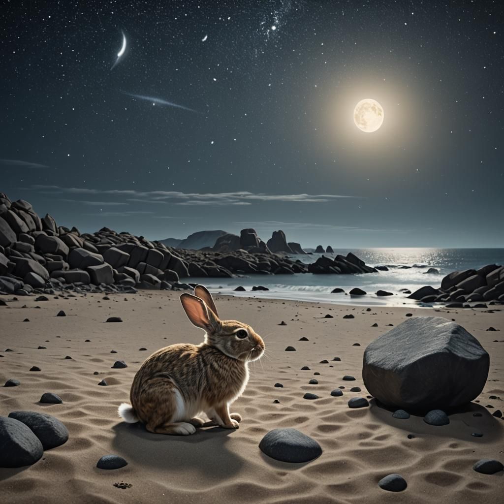 Lonely Hay Rabbit on Moonlit Beach, Surreal Art