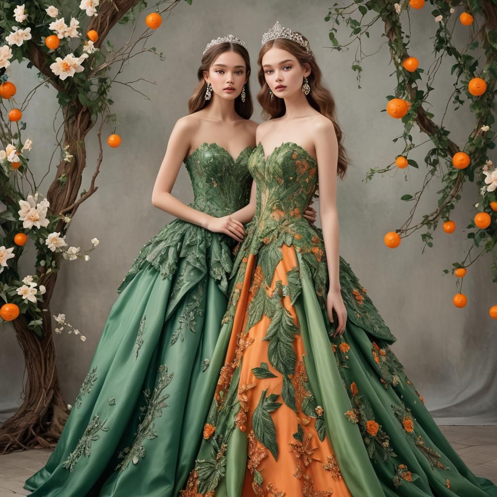 beautiful girl in a green fantasy ball gown next to a beauti...