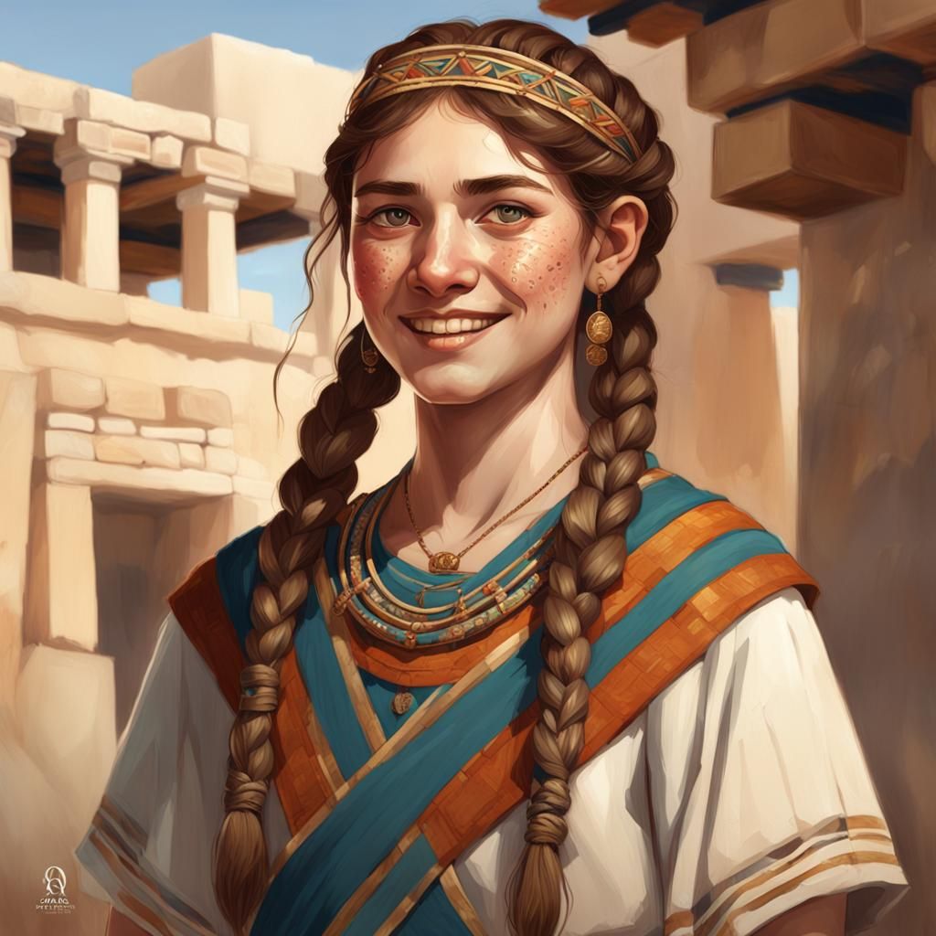 A 20 years old Mycenaean woman, smiling, pale skin, freckles...