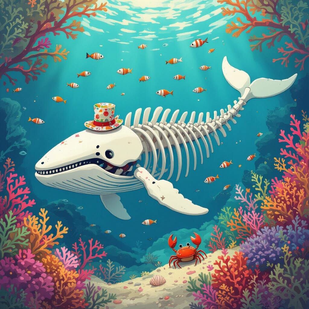 Whimsical Coral Garden Inside Whale Skeleton, Ghibli Style