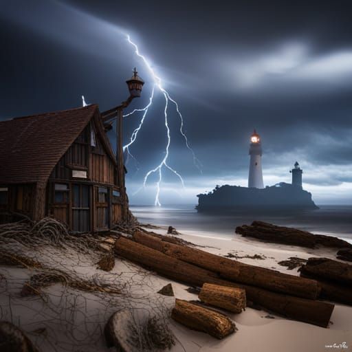 Thunderstorm over the beach with ship and lighthouse 