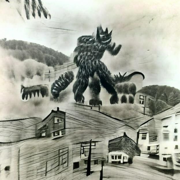 A massive Kaiju monster rampaging through a small town in th...