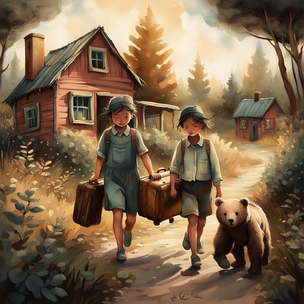 young boy and girl travelling in the bush with a bear with a small house in the background and a suit case with clothes hanging out of the s...
