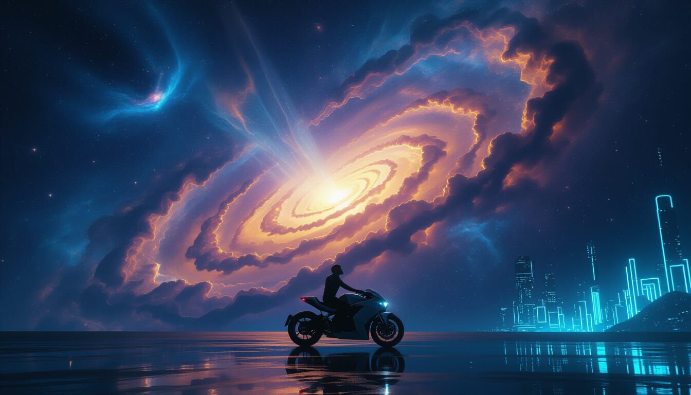 "A breathtaking cosmic vista where a swirling nebula resembles a giant chemical reaction in progress. Gaseous clouds form molecular bonds an...