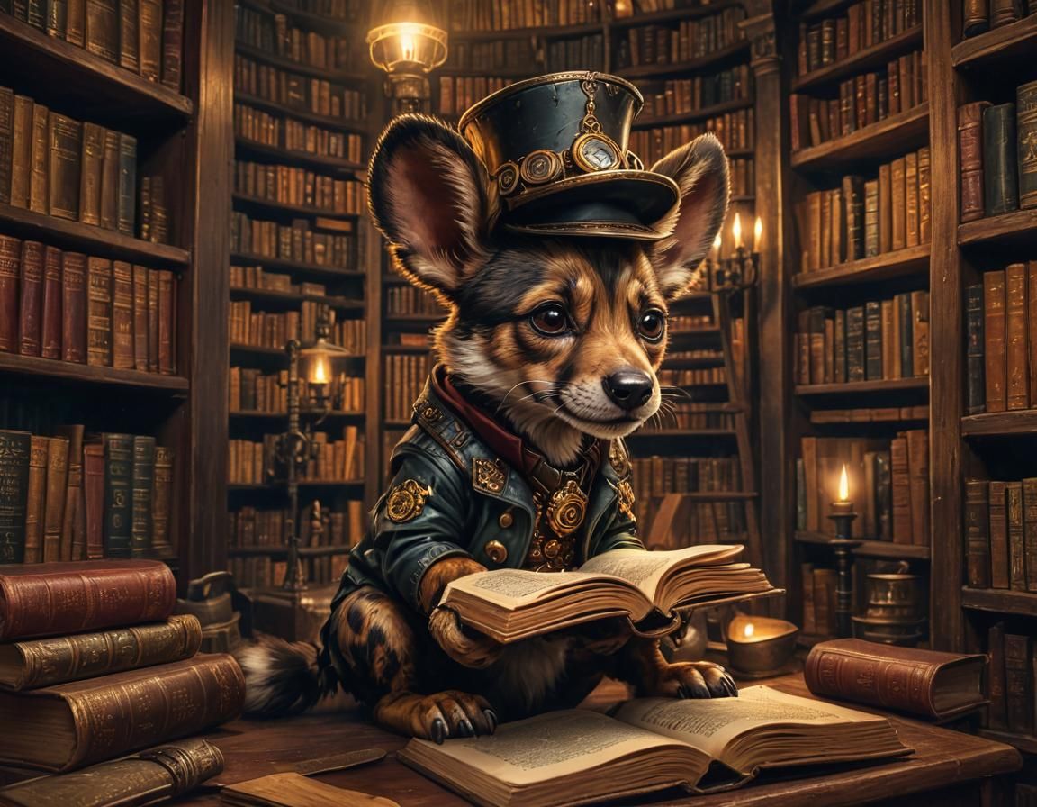 Chibi Steampunk African Wild Dog engrossed in an ancient boo...