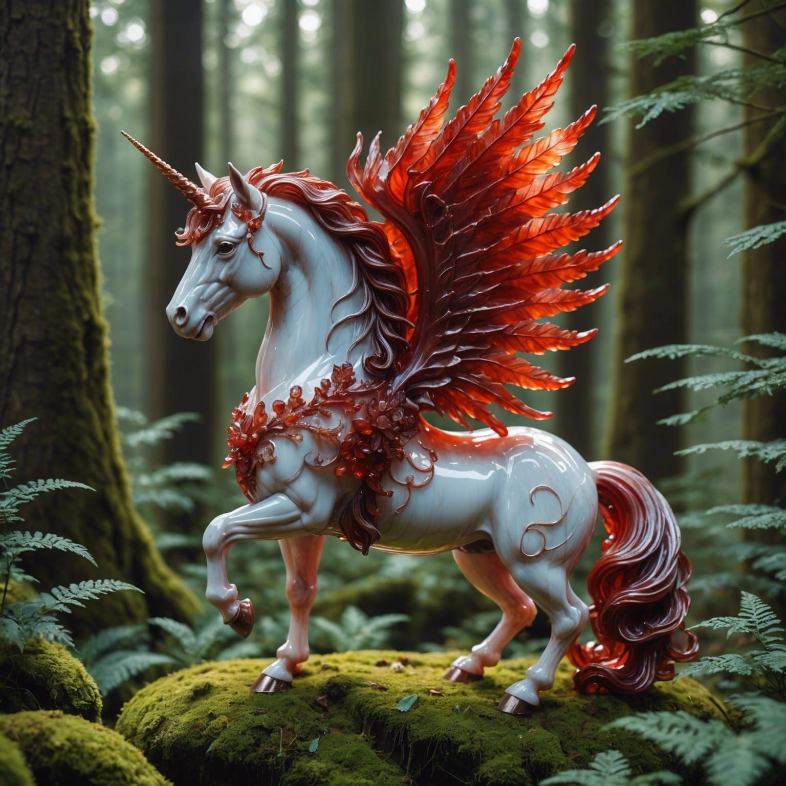Red agate  crystal unicorn in a forest a masterpiece, ethere...
