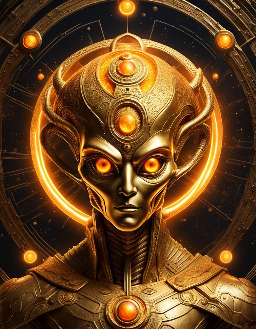 scenic picture of a golden alien god, wide face, orange glow...