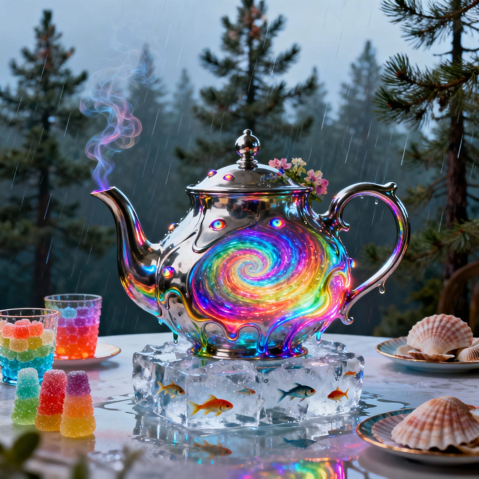 Surreal Rainbow Vortex Teapot with Shifting Liquid Metal
