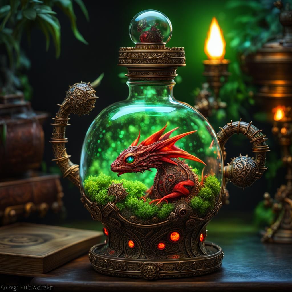 Steampunk Crystal a Terrarium of A Little Dragons AI Generated
