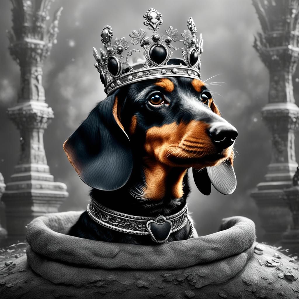 Wirehaired dachshund wearing a crown black and white