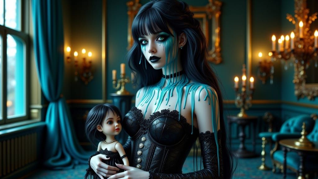 <lora:Melting Colors:1.0>
A gothic female with porcelain skin (16:9)