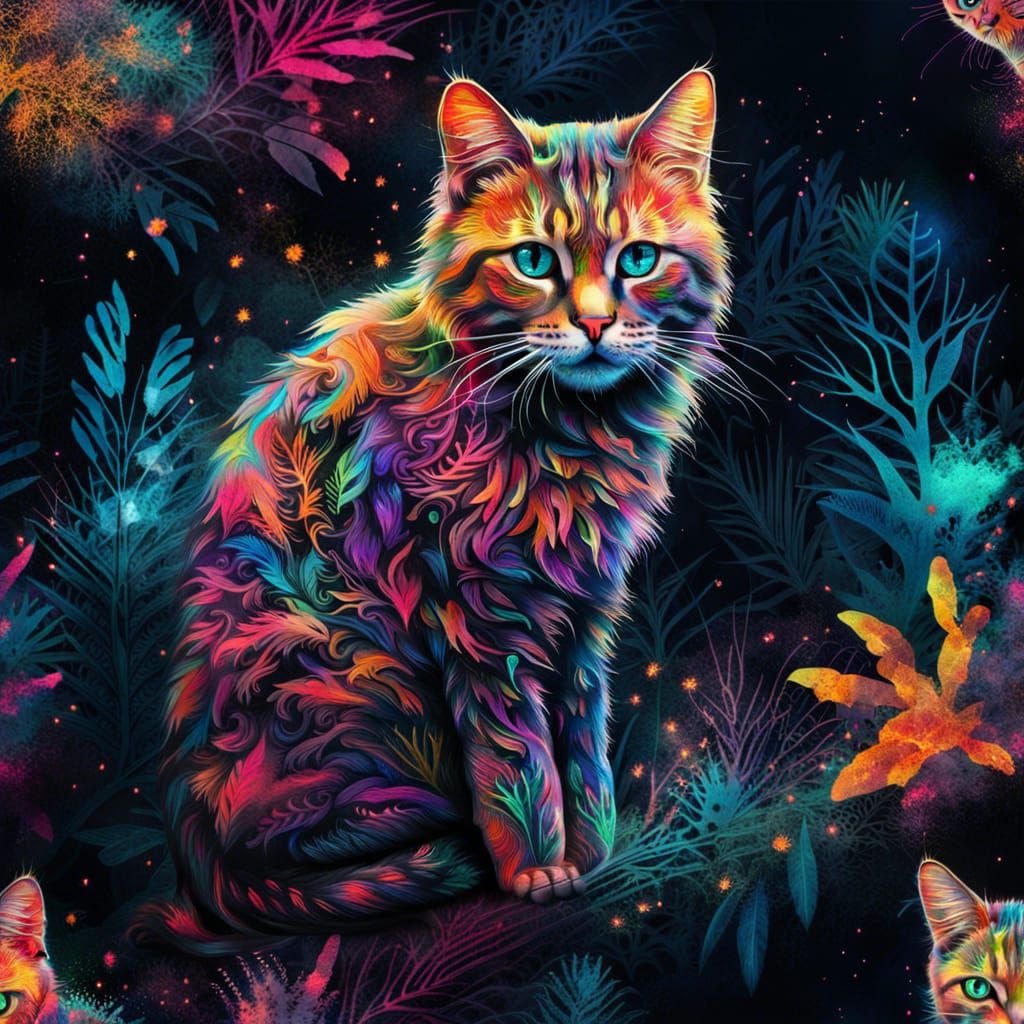 A stunning artwork featuring a double exposure of a cat with...