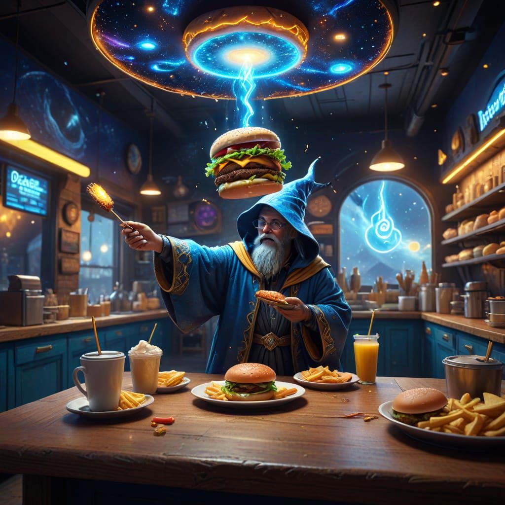 Wizard Conjures Flying Burger with Magic Wand