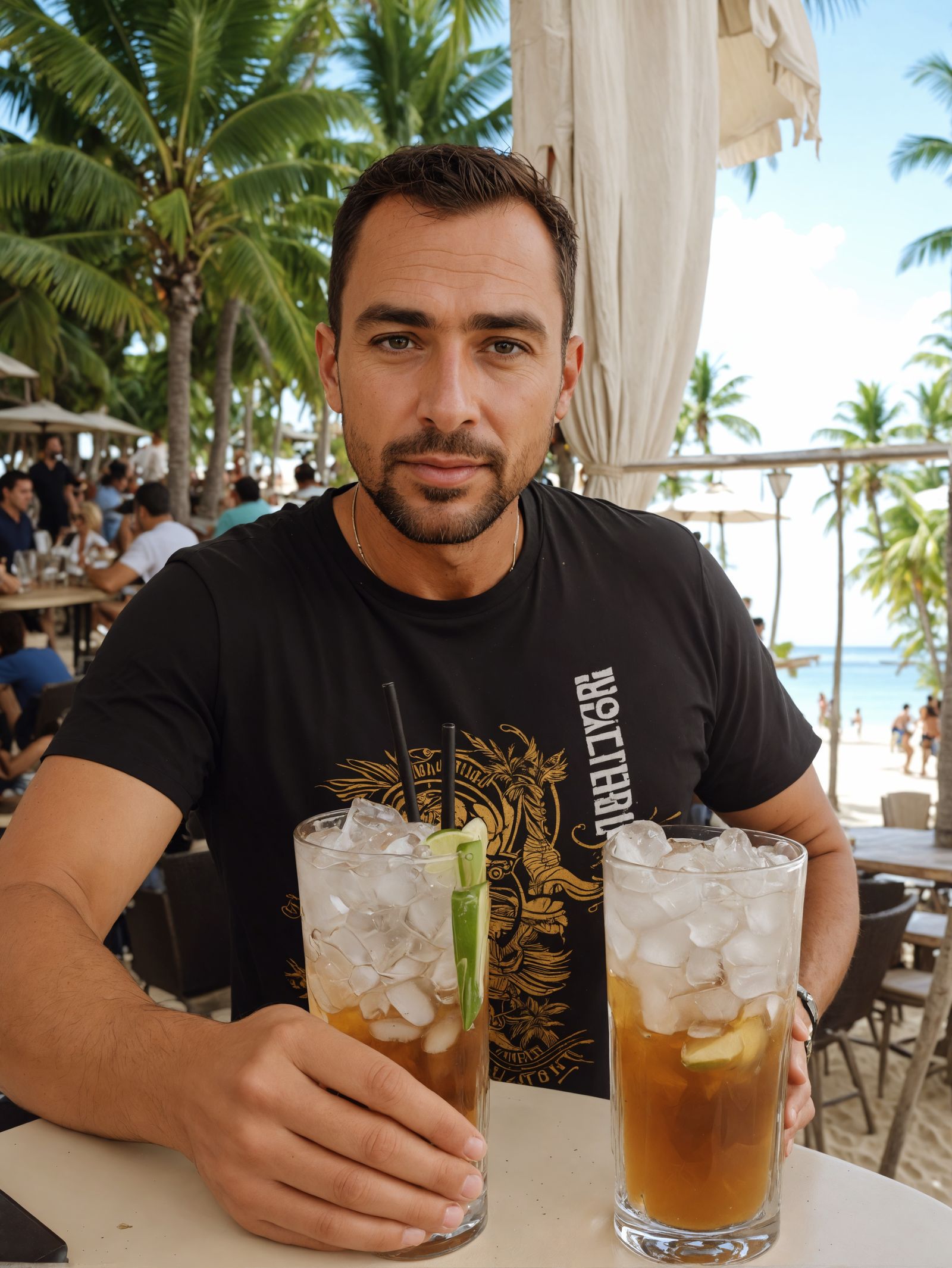 beautiful beach with a nice bar from coconut palms and peopl...