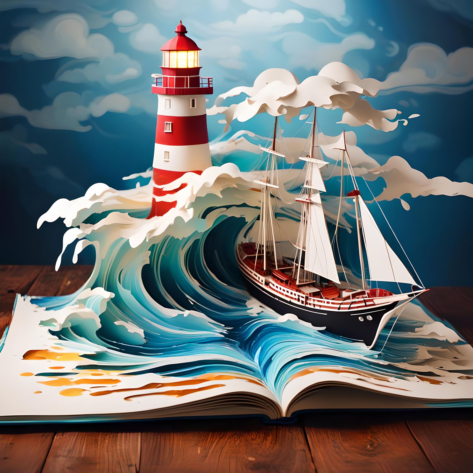A pop up book of a light house, a storm, a sailing ship. High resolution.   by @Irene