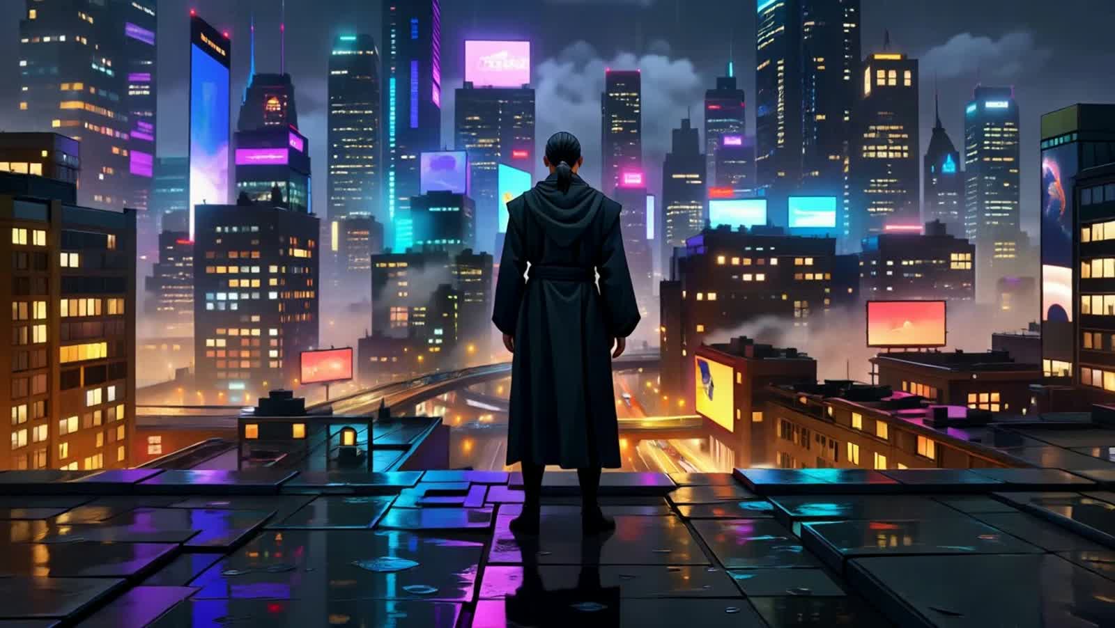 A lone figure stands on a rain-slicked rooftop overlooking a sprawling, neon-drenched futuristic metropolis. The city be...