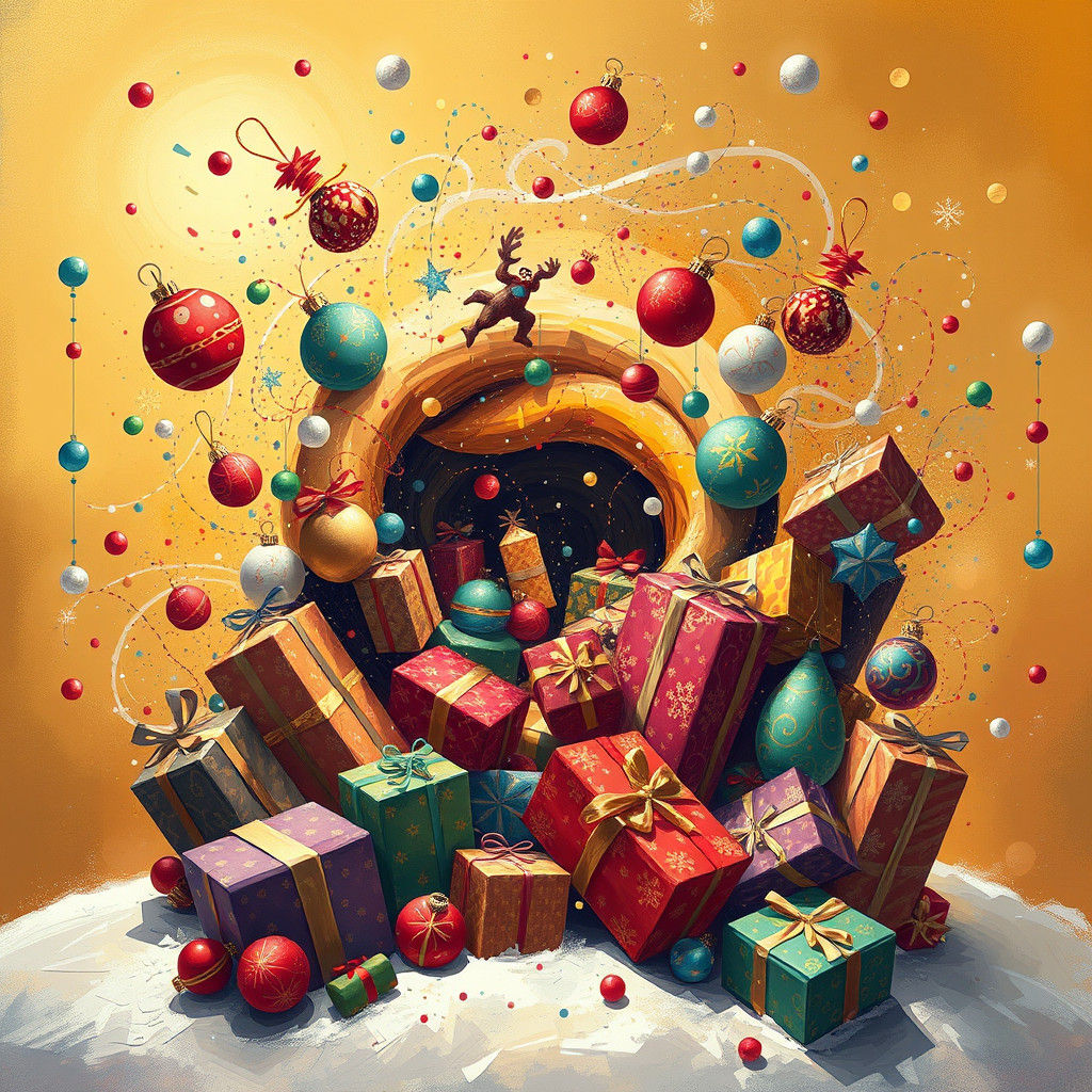 Festive Holiday Scene in Whimsical Mixed Media Style